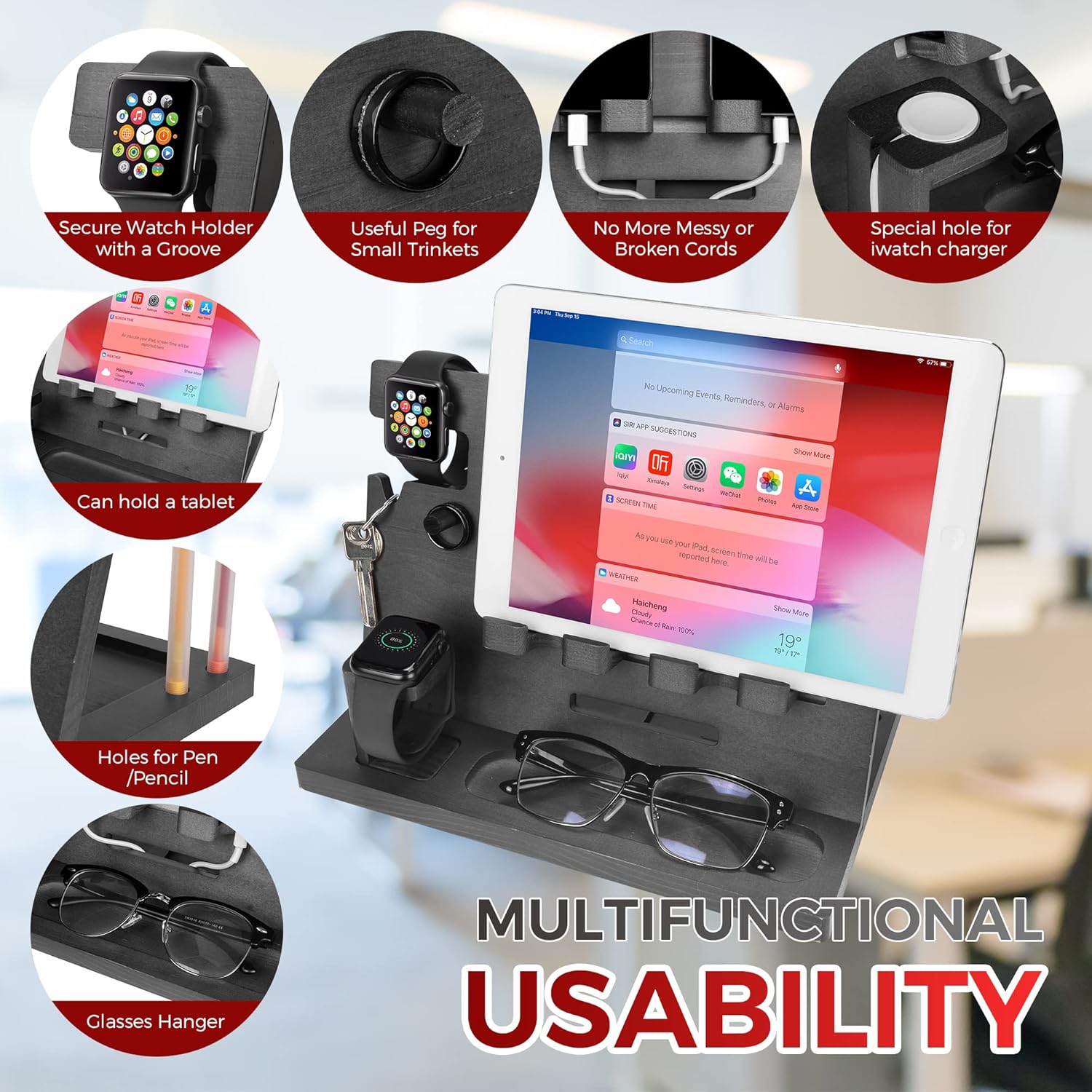 Drewniana stacja dokująca do telefonu lub zegarka kluczyki