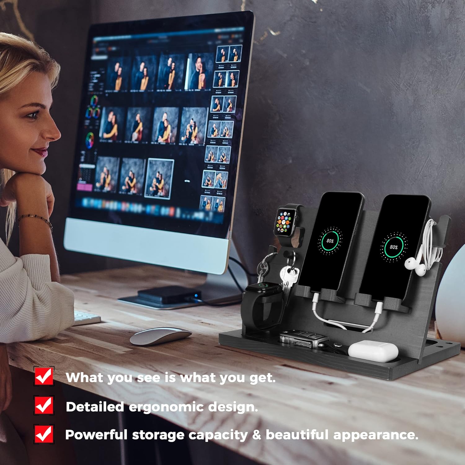 Drewniana stacja dokująca do telefonu lub zegarka kluczyki