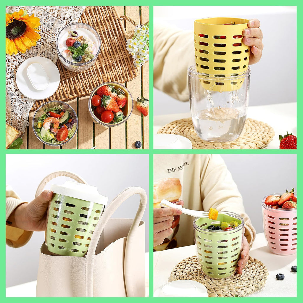 Pojemnik na owoce 650 ml z sitkiem i widelcem lunchbox kubek