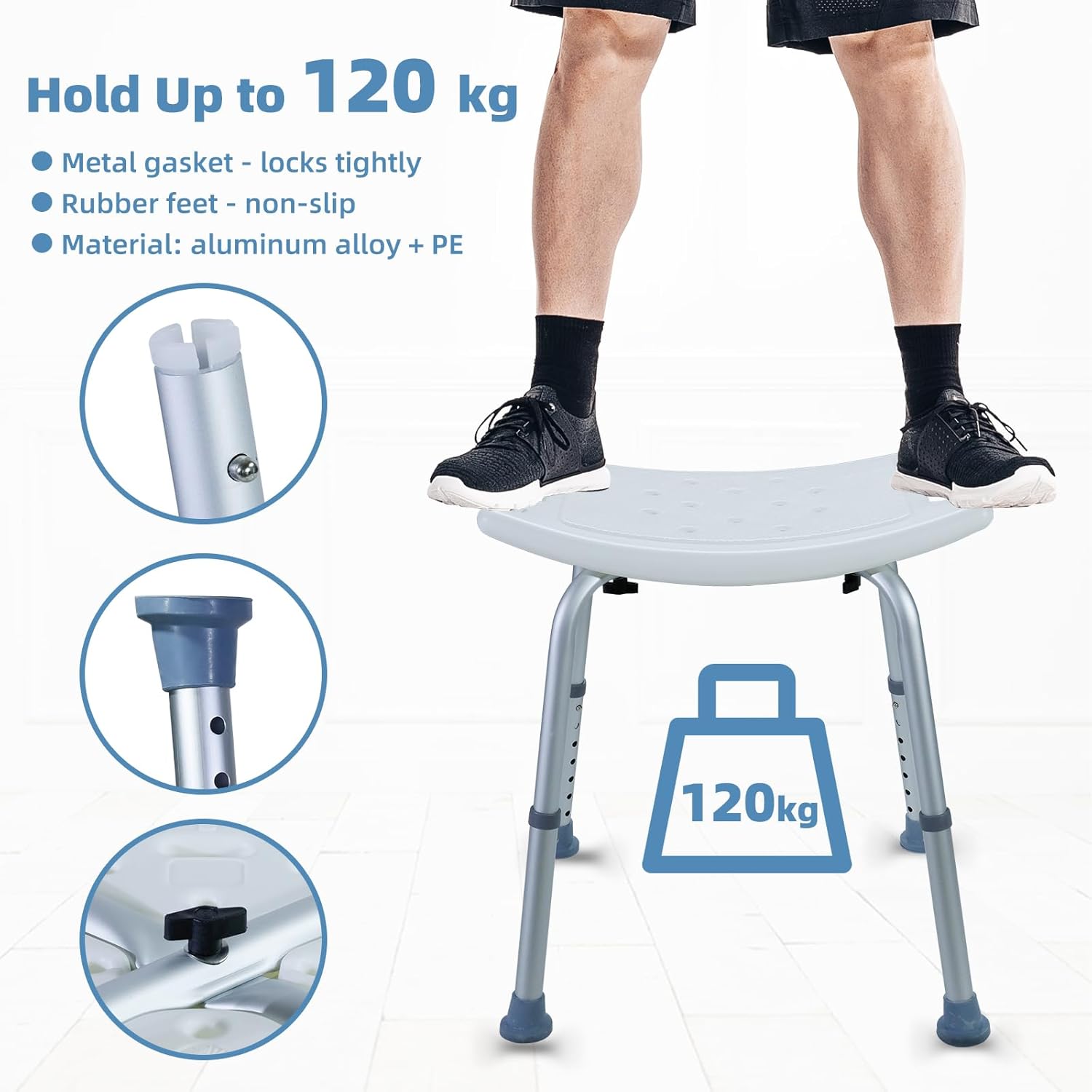 Taboret prysznicowy CCLIFE dla seniorów regulowany 120 kg antypoślizgowy