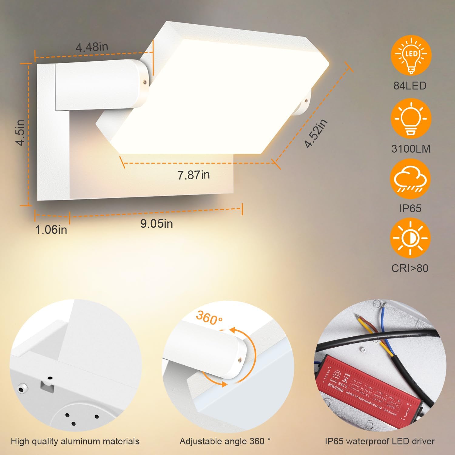 Lampa ścienna LED 40W, obrotowa, IP65, 3000K