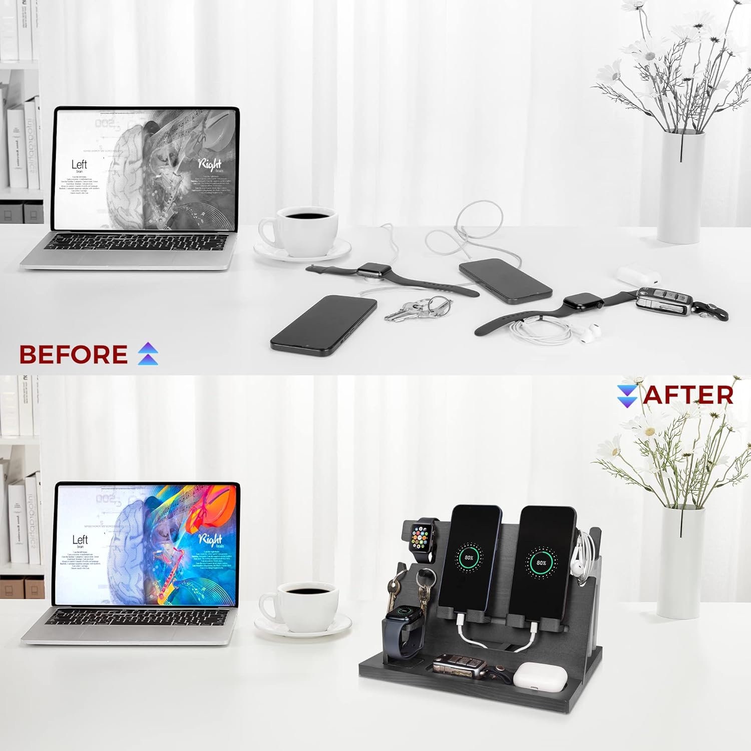 Drewniana stacja dokująca do telefonu lub zegarka kluczyki