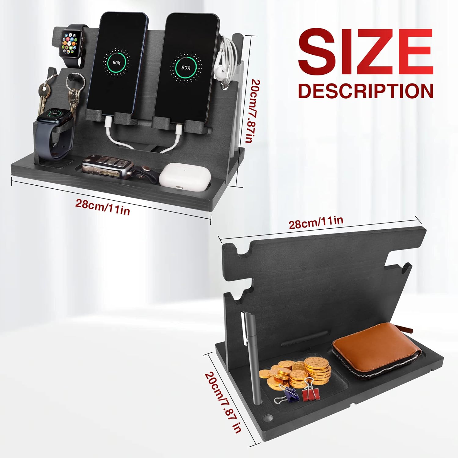 Drewniana stacja dokująca do telefonu lub zegarka kluczyki