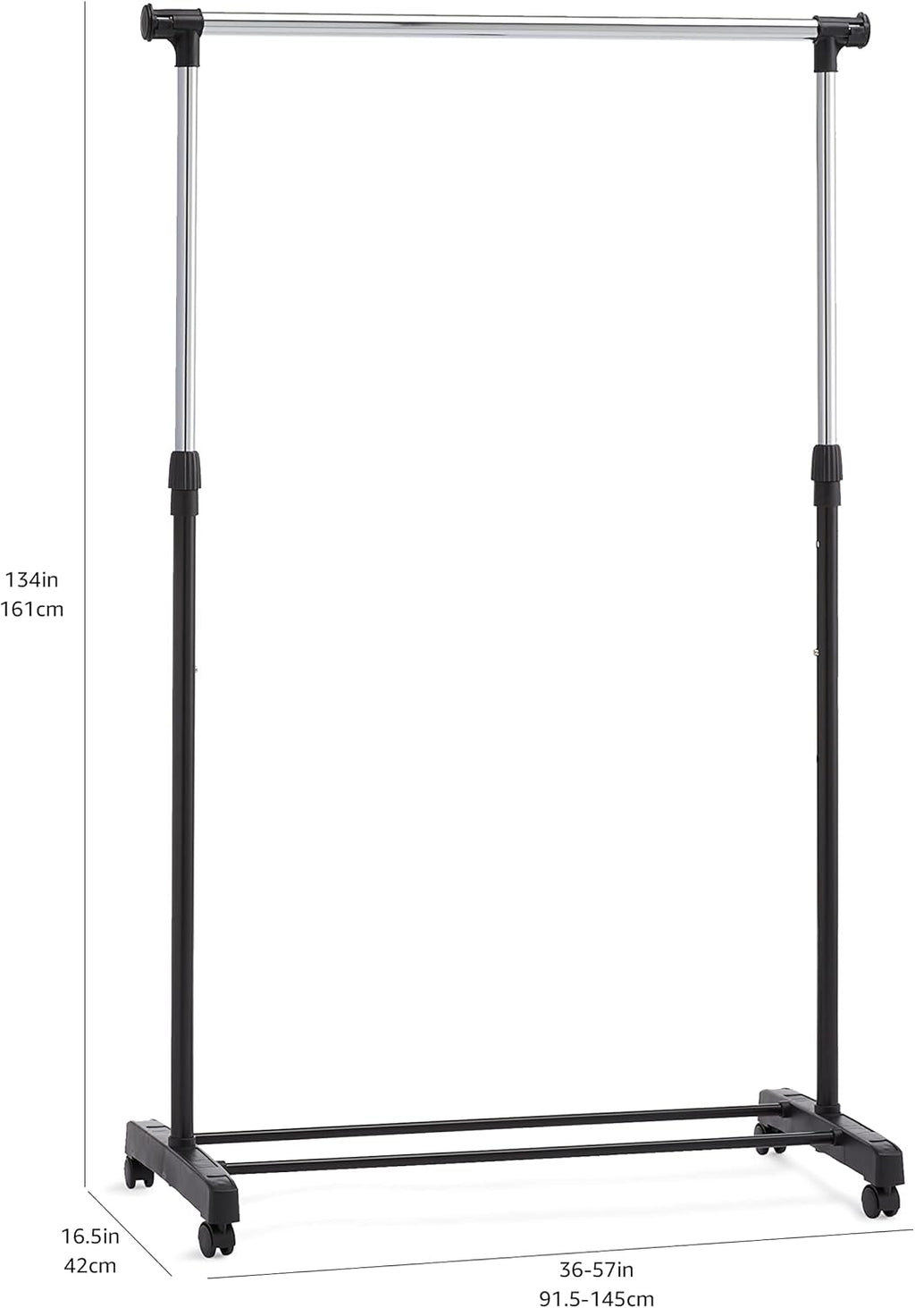 Wieszak stojący Amazon Basics na ubrania regulowany z kółkami chrom