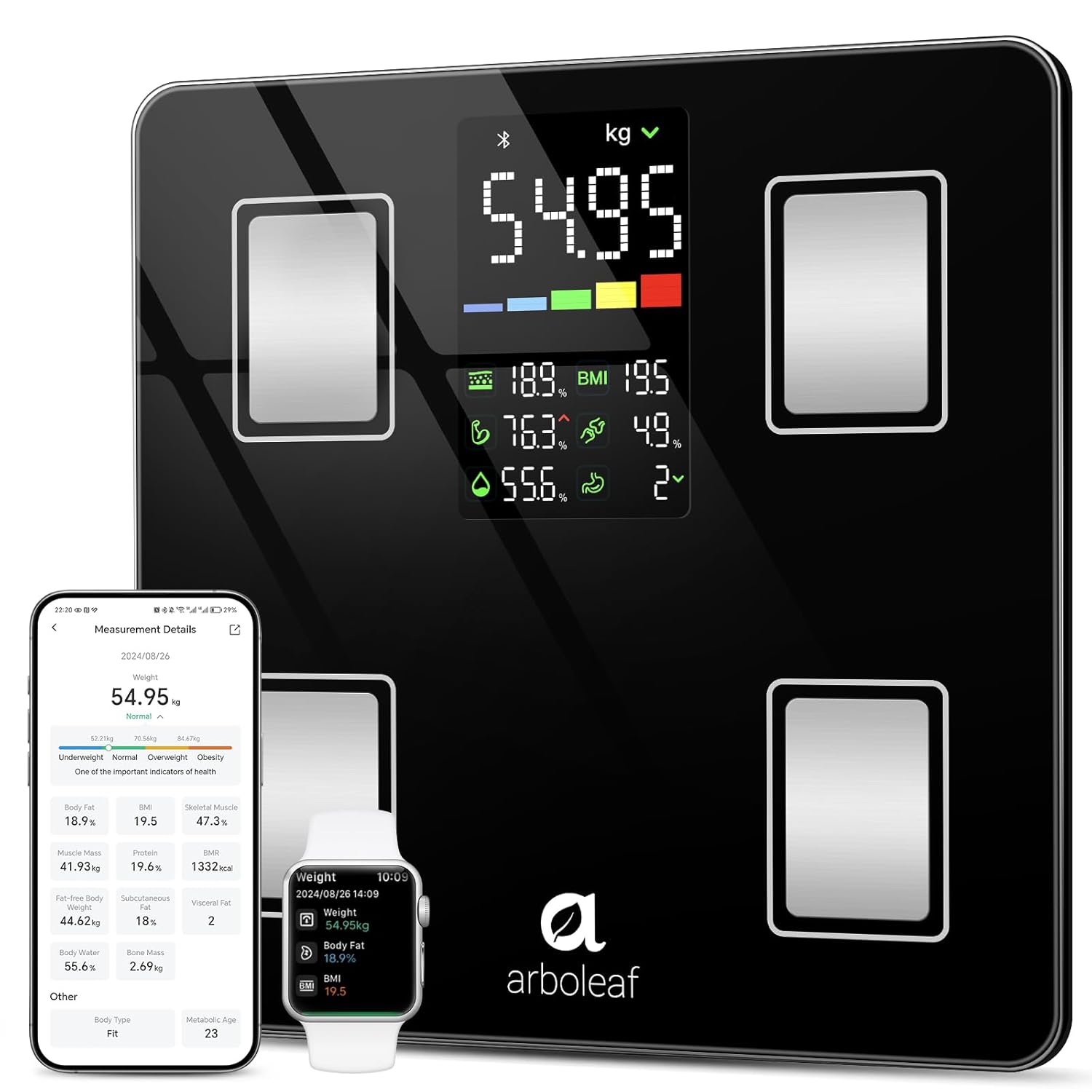 Waga łazienkowa arboleaf CS20G smart Bluetooth BMI LED 180kg