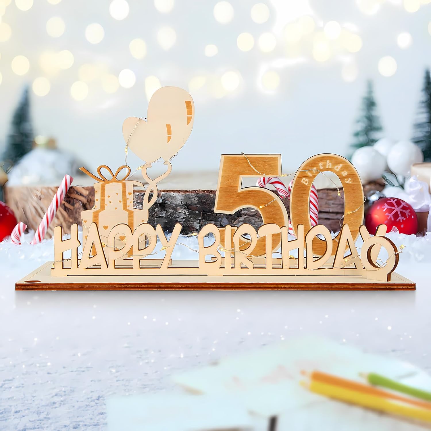 Drewniany prezent na 50 urodziny z LED