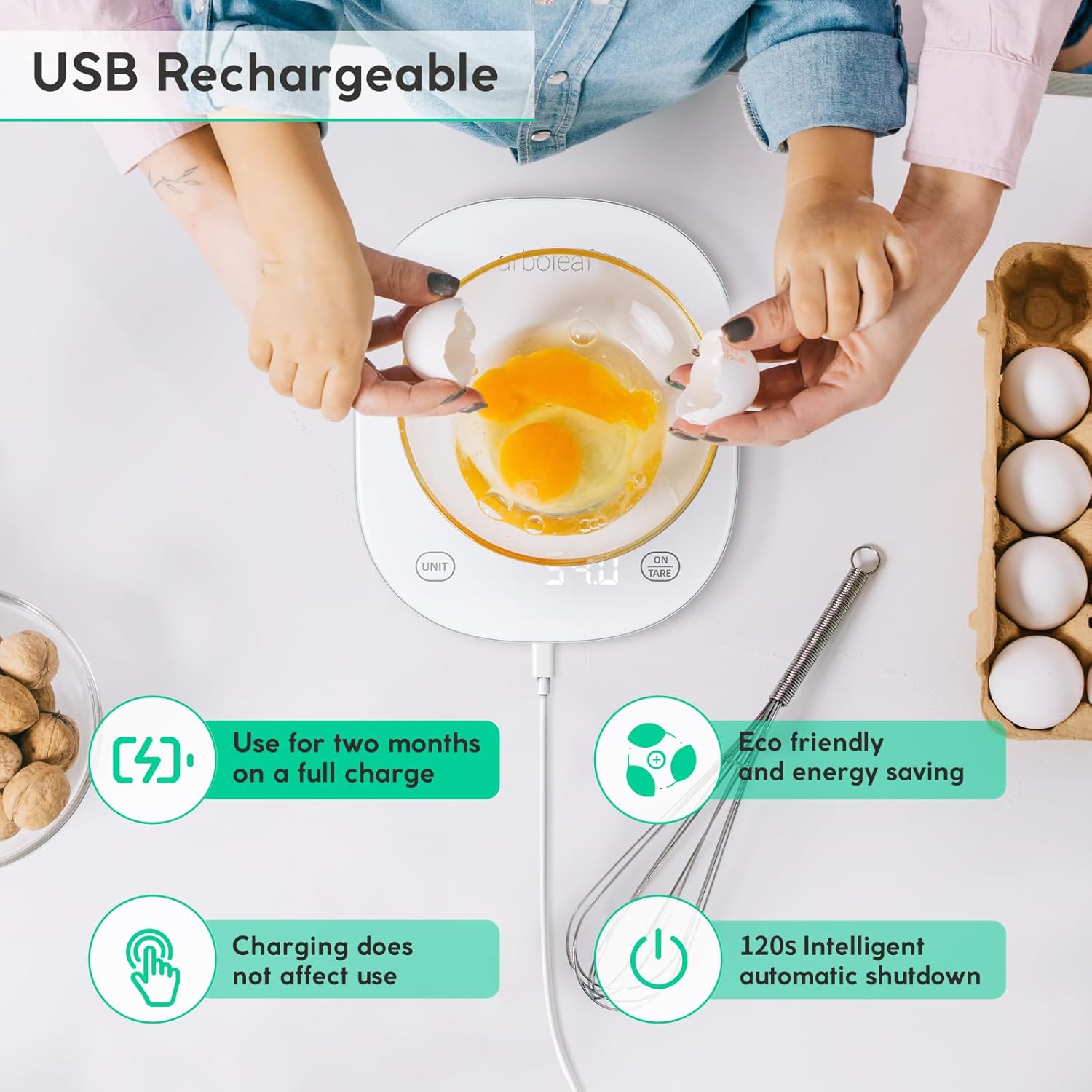 Waga kuchenna 5kg dokładna 0,5g Bluetooth LED USB biała