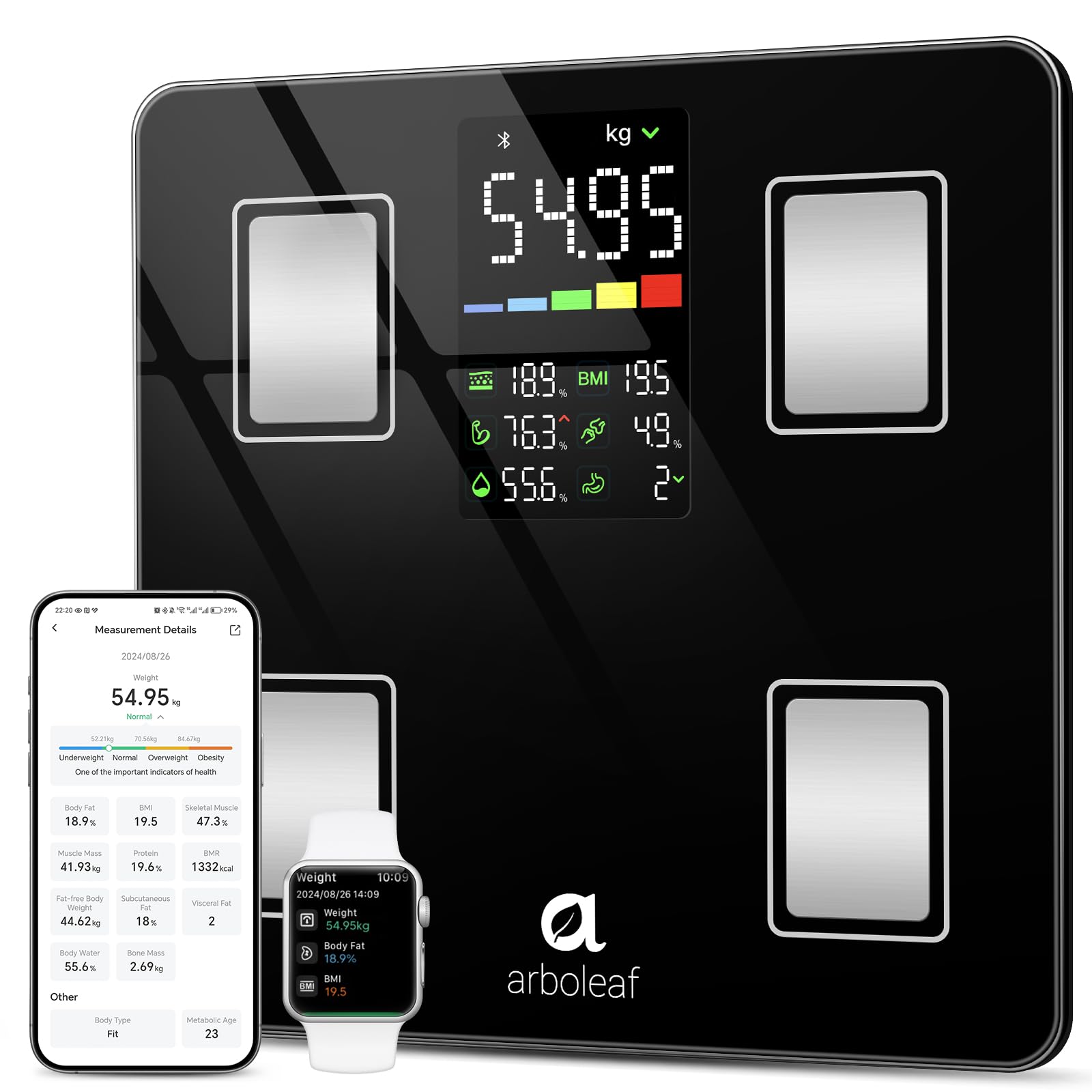 Waga łazienkowa arboleaf CS20G smart Bluetooth BMI LED 180kg